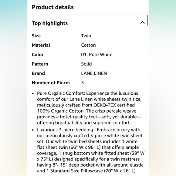 NEW Lane Linen White 100% Organic Cotton Percale Weave Twin Sheet Set Luxury - Picture 9 of 16